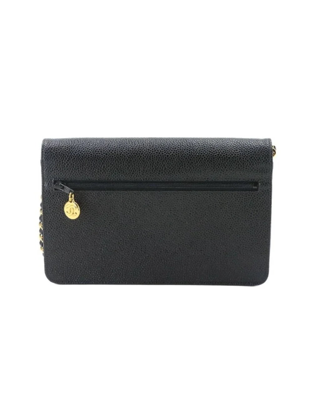 Chanel Caviar Leather Chain Wallet Black CC Logo Gold Shoulder